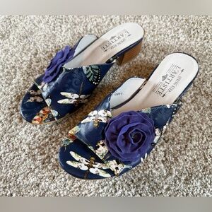L'ARTISTE 3D Blue Flower Floral Dragonfly Heeled Leather Womens Mules sz 38